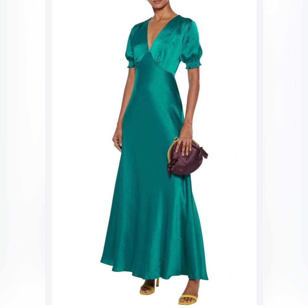 Diane Von Furstenburg Avianna Shirred Teal satin Maxi Dress -size 2